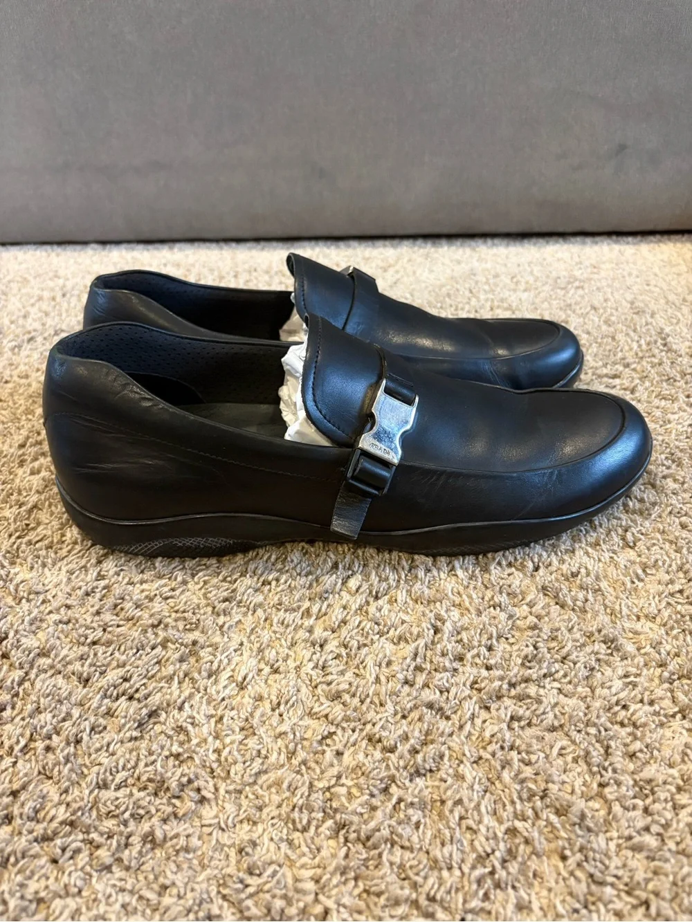 Prada Linea Rossa Black Leather Slip-On Loafers with Metal Buckle